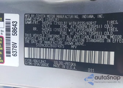 2011 Toyota Sienna Xle V6 z USA, uszkodzony, nr VIN 5TDYK3DC2BS074975